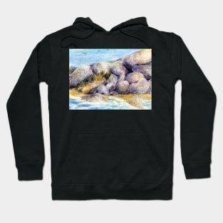 By the Boulders at High Tide Pastel Painting Hoodie